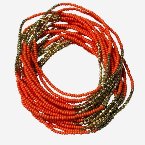 Coral Gold Orange Seed Beaded Bracelets Set of 20 Seeded Tropical - Picture 1 of 7